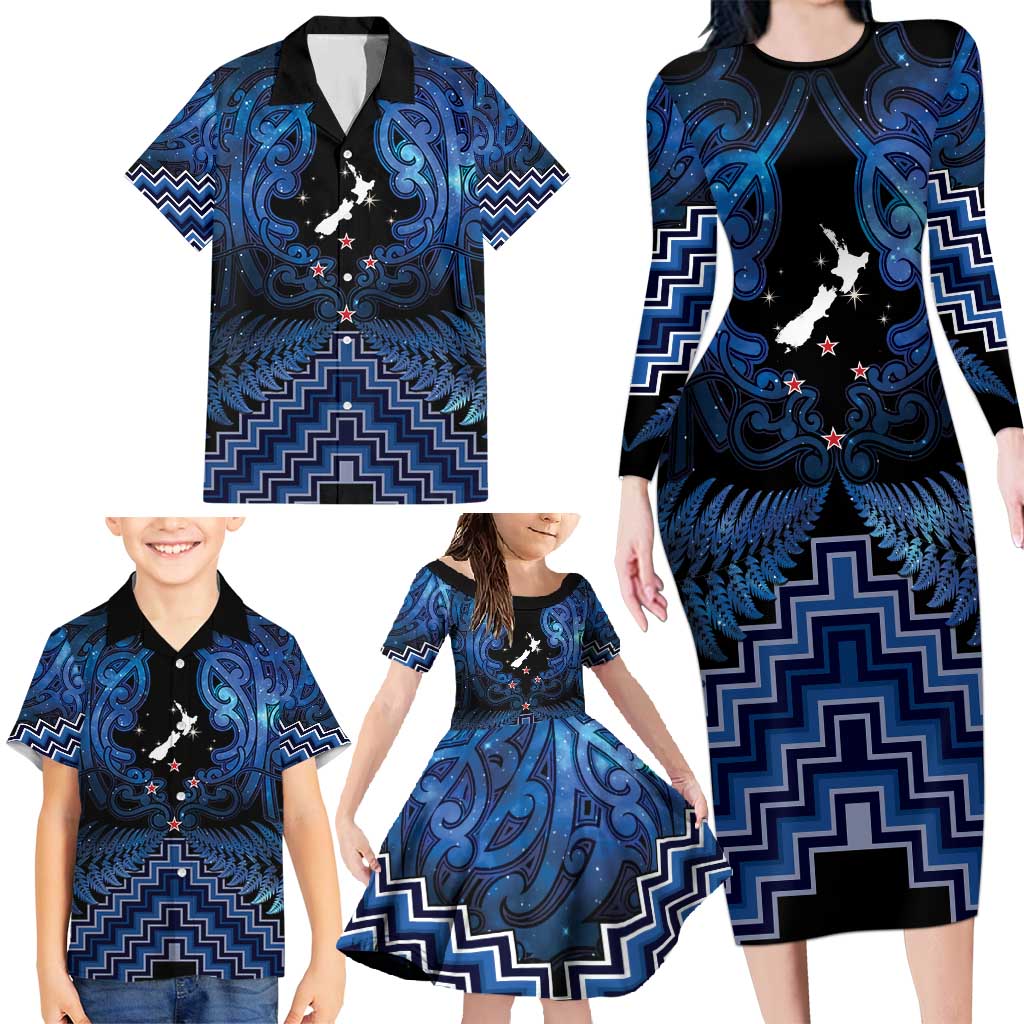 Personalised Aotearoa Matariki Family Matching Long Sleeve Bodycon Dress and Hawaiian Shirt Blue Fern Maori Poutama LT01 - Polynesian Pride