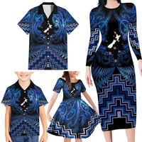 Personalised Aotearoa Matariki Family Matching Long Sleeve Bodycon Dress and Hawaiian Shirt Blue Fern Maori Poutama LT01 - Polynesian Pride