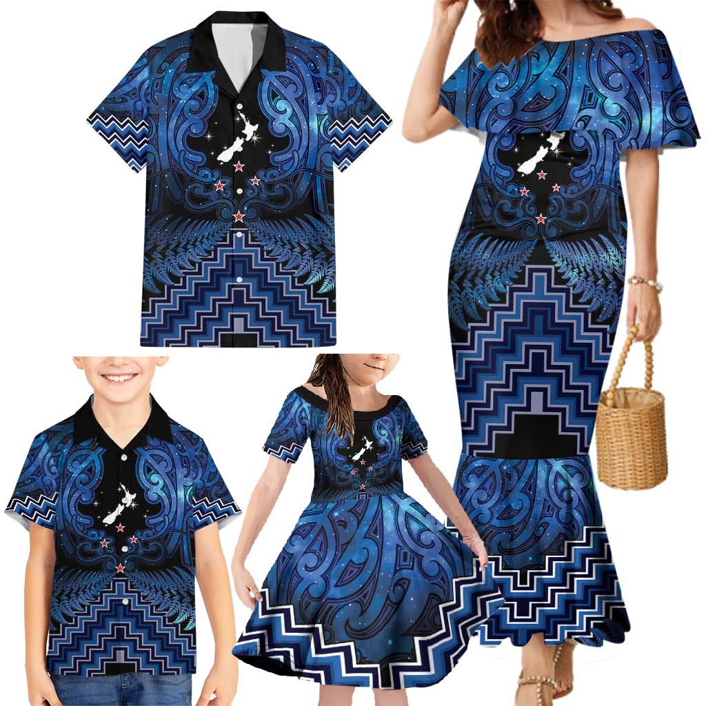 Personalised Aotearoa Matariki Family Matching Mermaid Dress and Hawaiian Shirt Blue Fern Maori Poutama LT01 - Polynesian Pride