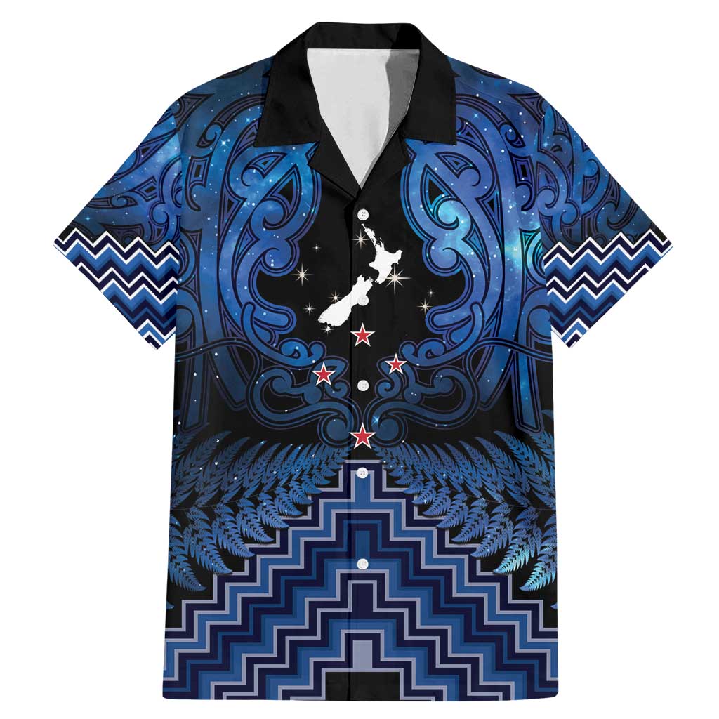 Personalised Aotearoa Matariki Family Matching Mermaid Dress and Hawaiian Shirt Blue Fern Maori Poutama LT01 Dad's Shirt - Short Sleeve Blue - Polynesian Pride