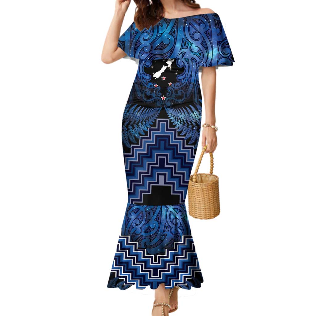 Personalised Aotearoa Matariki Family Matching Mermaid Dress and Hawaiian Shirt Blue Fern Maori Poutama LT01 Mom's Dress Blue - Polynesian Pride