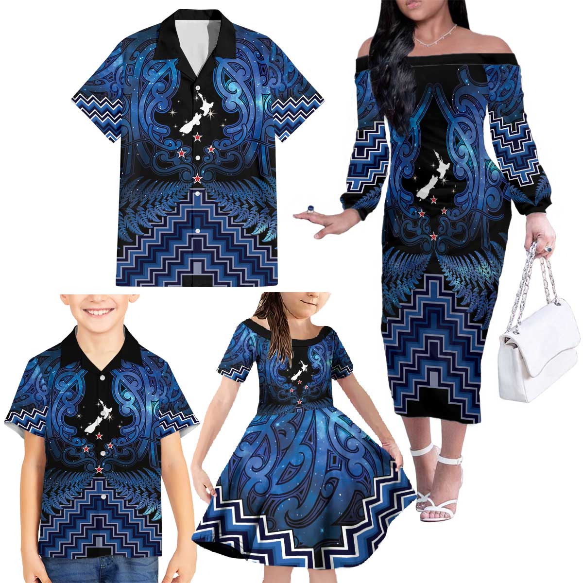 Personalised Aotearoa Matariki Family Matching Off The Shoulder Long Sleeve Dress and Hawaiian Shirt Blue Fern Maori Poutama LT01 - Polynesian Pride