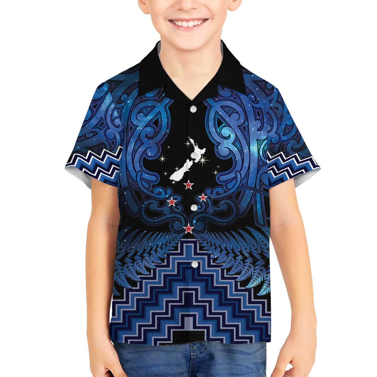 Personalised Aotearoa Matariki Family Matching Off The Shoulder Long Sleeve Dress and Hawaiian Shirt Blue Fern Maori Poutama LT01 Son's Shirt Blue - Polynesian Pride