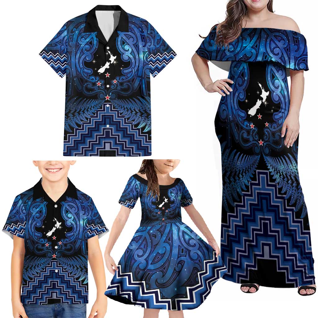 Personalised Aotearoa Matariki Family Matching Off Shoulder Maxi Dress and Hawaiian Shirt Blue Fern Maori Poutama LT01 - Polynesian Pride