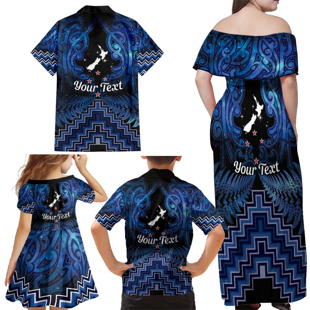 Personalised Aotearoa Matariki Family Matching Off Shoulder Maxi Dress and Hawaiian Shirt Blue Fern Maori Poutama LT01 - Polynesian Pride