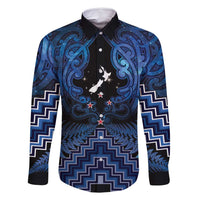 Personalised Aotearoa Matariki Family Matching Off Shoulder Maxi Dress and Hawaiian Shirt Blue Fern Maori Poutama LT01 Dad's Shirt - Long Sleeve Blue - Polynesian Pride