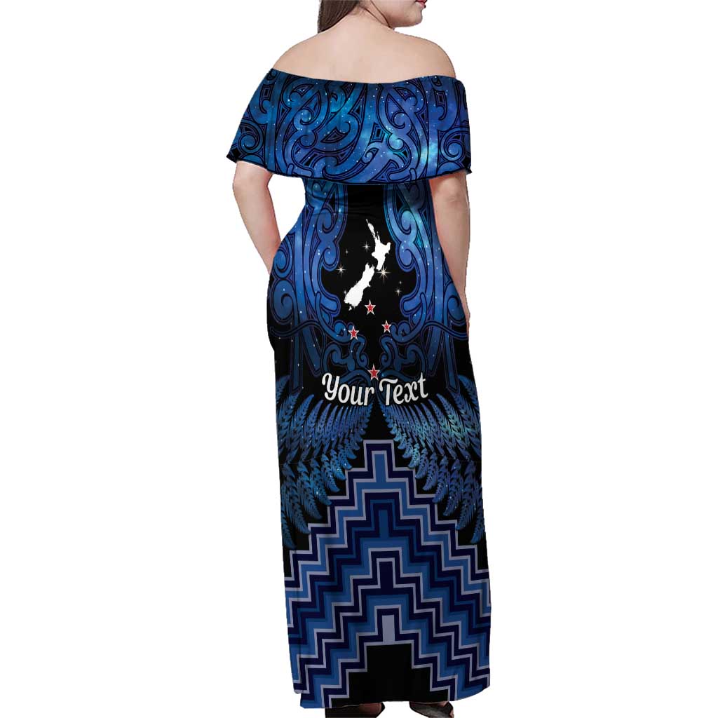 Personalised Aotearoa Matariki Family Matching Off Shoulder Maxi Dress and Hawaiian Shirt Blue Fern Maori Poutama LT01 - Polynesian Pride