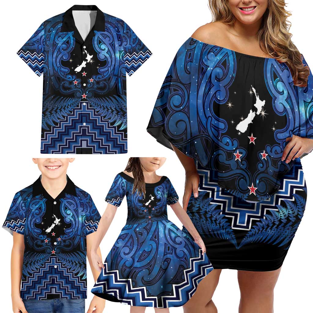 Personalised Aotearoa Matariki Family Matching Off Shoulder Short Dress and Hawaiian Shirt Blue Fern Maori Poutama LT01 - Polynesian Pride