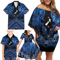 Personalised Aotearoa Matariki Family Matching Off Shoulder Short Dress and Hawaiian Shirt Blue Fern Maori Poutama LT01 - Polynesian Pride