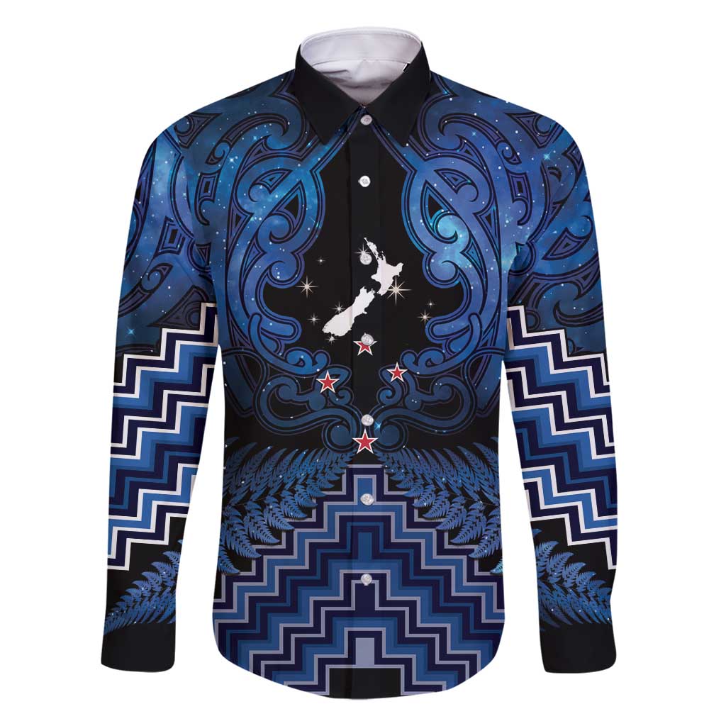 Personalised Aotearoa Matariki Family Matching Off Shoulder Short Dress and Hawaiian Shirt Blue Fern Maori Poutama LT01 Dad's Shirt - Long Sleeve Blue - Polynesian Pride