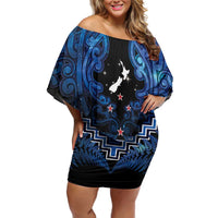 Personalised Aotearoa Matariki Family Matching Off Shoulder Short Dress and Hawaiian Shirt Blue Fern Maori Poutama LT01 Mom's Dress Blue - Polynesian Pride