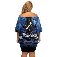 Personalised Aotearoa Matariki Family Matching Off Shoulder Short Dress and Hawaiian Shirt Blue Fern Maori Poutama LT01 - Polynesian Pride