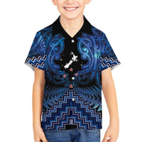 Personalised Aotearoa Matariki Family Matching Off Shoulder Short Dress and Hawaiian Shirt Blue Fern Maori Poutama LT01 Son's Shirt Blue - Polynesian Pride