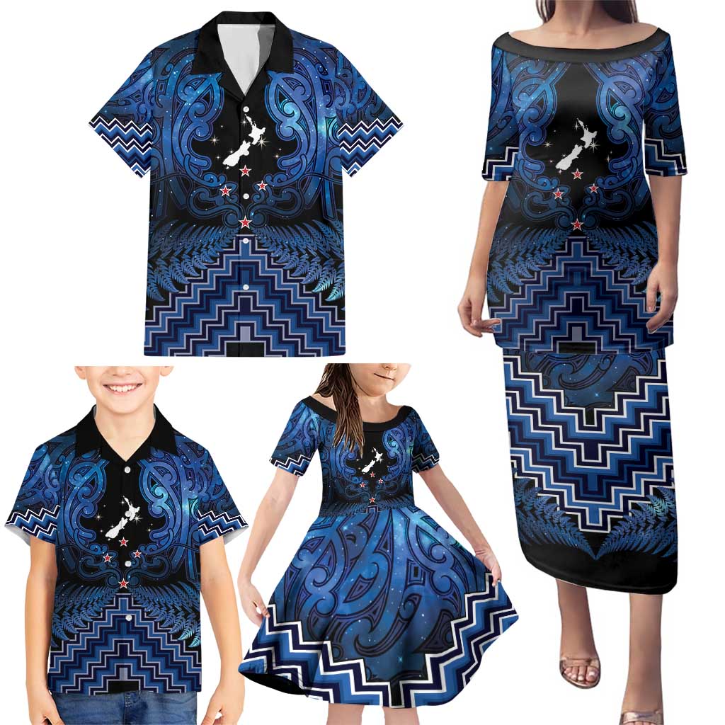 Personalised Aotearoa Matariki Family Matching Puletasi and Hawaiian Shirt Blue Fern Maori Poutama LT01 - Polynesian Pride