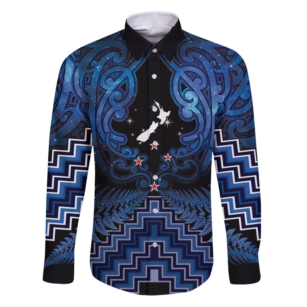Personalised Aotearoa Matariki Family Matching Puletasi and Hawaiian Shirt Blue Fern Maori Poutama LT01 Dad's Shirt - Long Sleeve Blue - Polynesian Pride
