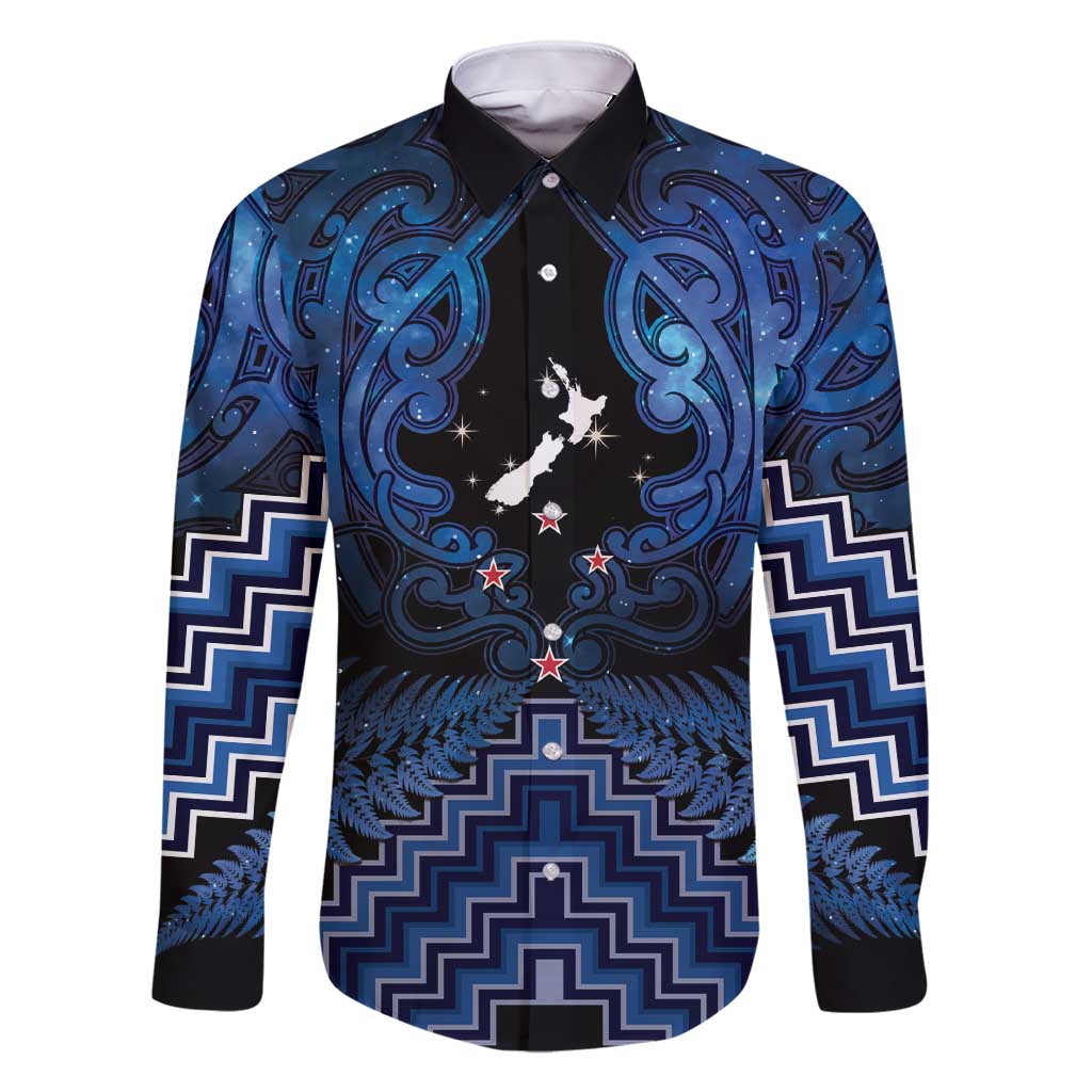 Personalised Aotearoa Matariki Family Matching Short Sleeve Bodycon Dress and Hawaiian Shirt Blue Fern Maori Poutama LT01 Dad's Shirt - Long Sleeve Blue - Polynesian Pride
