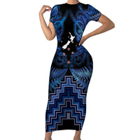 Personalised Aotearoa Matariki Family Matching Short Sleeve Bodycon Dress and Hawaiian Shirt Blue Fern Maori Poutama LT01 Mom's Dress Blue - Polynesian Pride