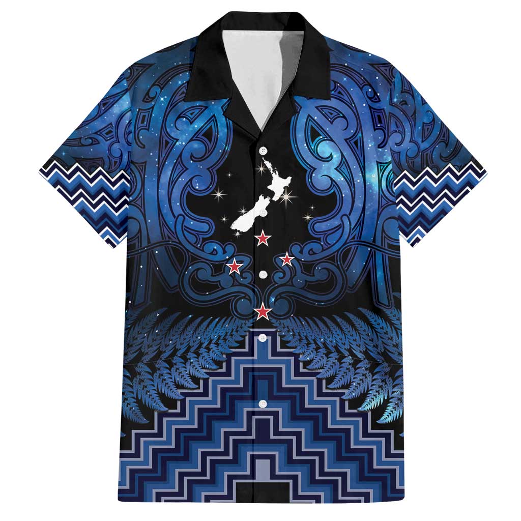 Personalised Aotearoa Matariki Family Matching Summer Maxi Dress and Hawaiian Shirt Blue Fern Maori Poutama LT01 Dad's Shirt - Short Sleeve Blue - Polynesian Pride