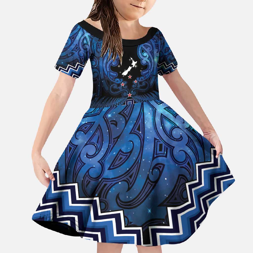 Personalised Aotearoa Matariki Family Matching Tank Maxi Dress and Hawaiian Shirt Blue Fern Maori Poutama LT01 Daughter's Dress Blue - Polynesian Pride