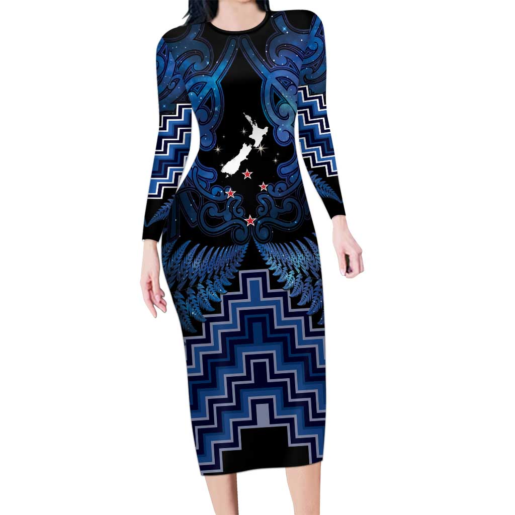 Personalised Aotearoa Matariki Long Sleeve Bodycon Dress Blue Fern Maori Poutama