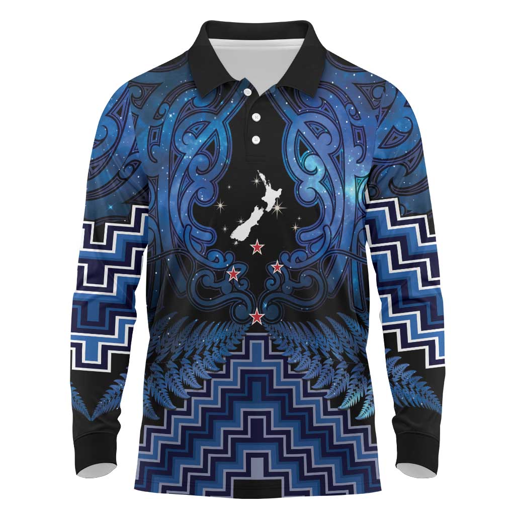 Personalised Aotearoa Matariki Long Sleeve Polo Shirt Blue Fern Maori Poutama