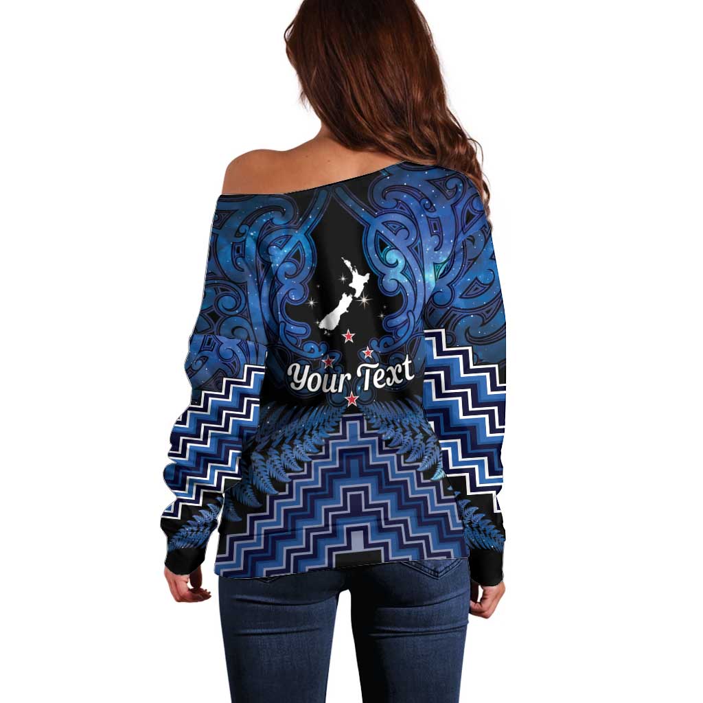 Personalised Aotearoa Matariki Off Shoulder Sweater Blue Fern Maori Poutama