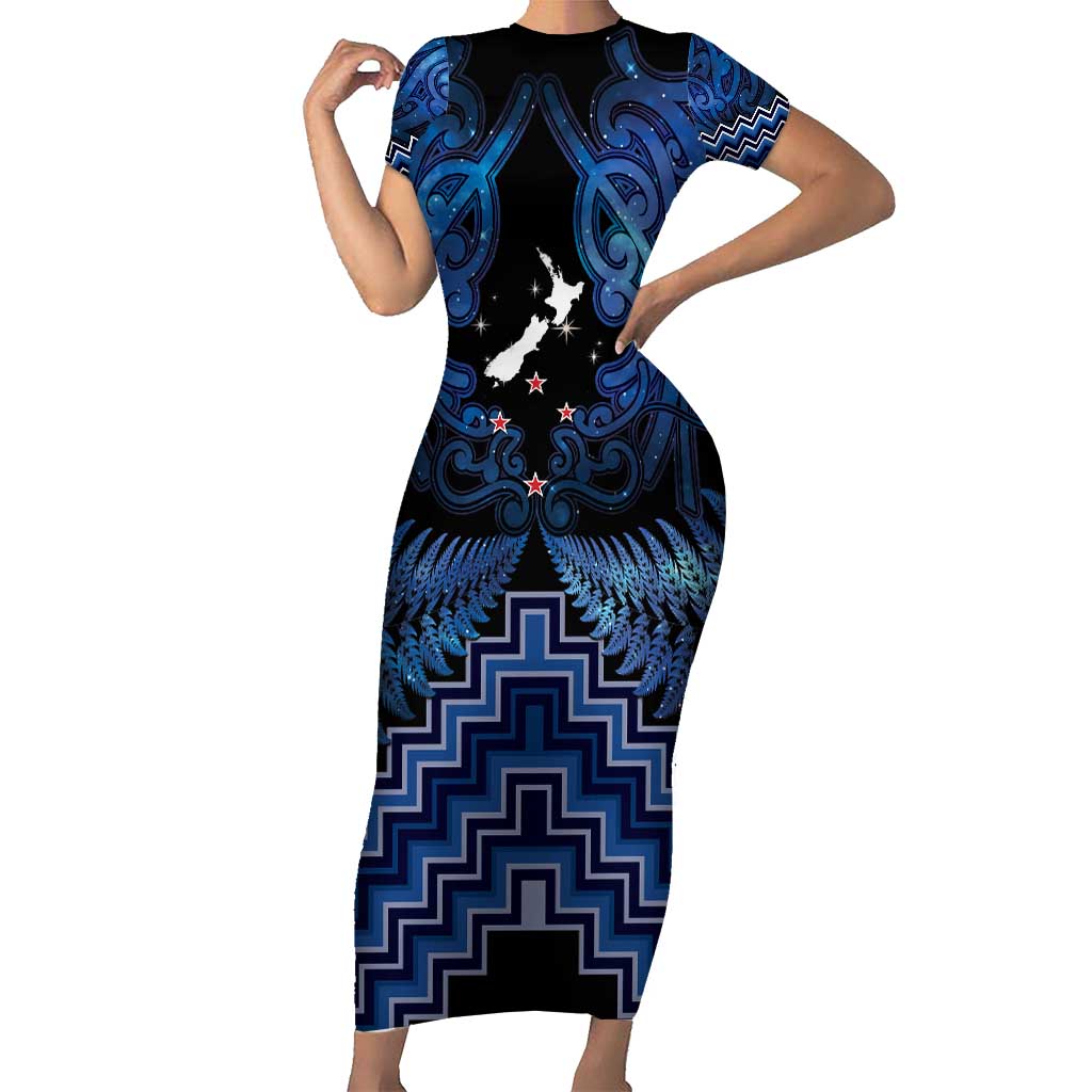 Personalised Aotearoa Matariki Short Sleeve Bodycon Dress Blue Fern Maori Poutama
