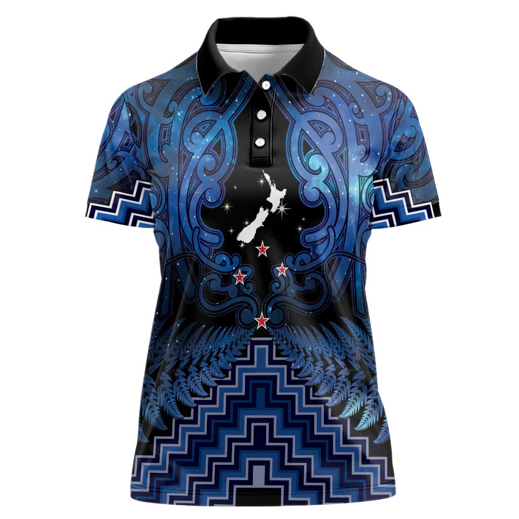 Personalised Aotearoa Matariki Women Polo Shirt Blue Fern Maori Poutama