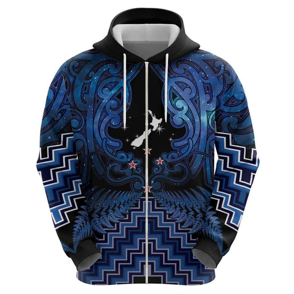 Personalised Aotearoa Matariki Zip Hoodie Blue Fern Maori Poutama