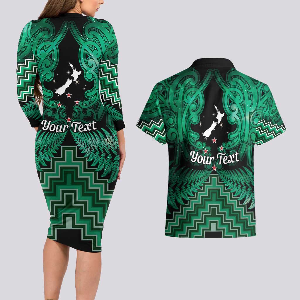 Personalised Aotearoa Matariki Couples Matching Long Sleeve Bodycon Dress and Hawaiian Shirt Green Fern Maori Poutama LT01 - Polynesian Pride