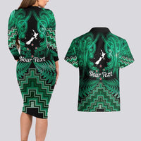 Personalised Aotearoa Matariki Couples Matching Long Sleeve Bodycon Dress and Hawaiian Shirt Green Fern Maori Poutama LT01 - Polynesian Pride