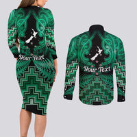 Personalised Aotearoa Matariki Couples Matching Long Sleeve Bodycon Dress and Long Sleeve Button Shirt Green Fern Maori Poutama LT01 - Polynesian Pride
