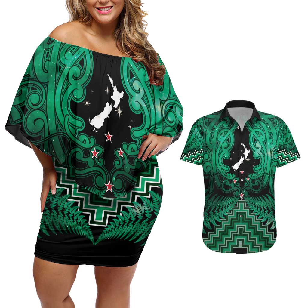 Personalised Aotearoa Matariki Couples Matching Off Shoulder Short Dress and Hawaiian Shirt Green Fern Maori Poutama LT01 Green - Polynesian Pride