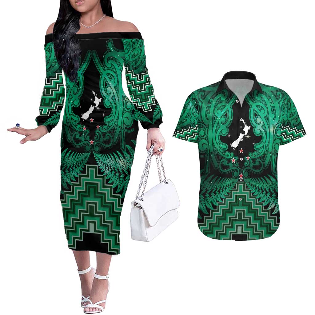 Personalised Aotearoa Matariki Couples Matching Off The Shoulder Long Sleeve Dress and Hawaiian Shirt Green Fern Maori Poutama LT01 Green - Polynesian Pride