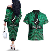 Personalised Aotearoa Matariki Couples Matching Off The Shoulder Long Sleeve Dress and Hawaiian Shirt Green Fern Maori Poutama LT01 - Polynesian Pride
