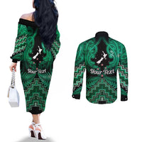 Personalised Aotearoa Matariki Couples Matching Off The Shoulder Long Sleeve Dress and Long Sleeve Button Shirt Green Fern Maori Poutama LT01 - Polynesian Pride