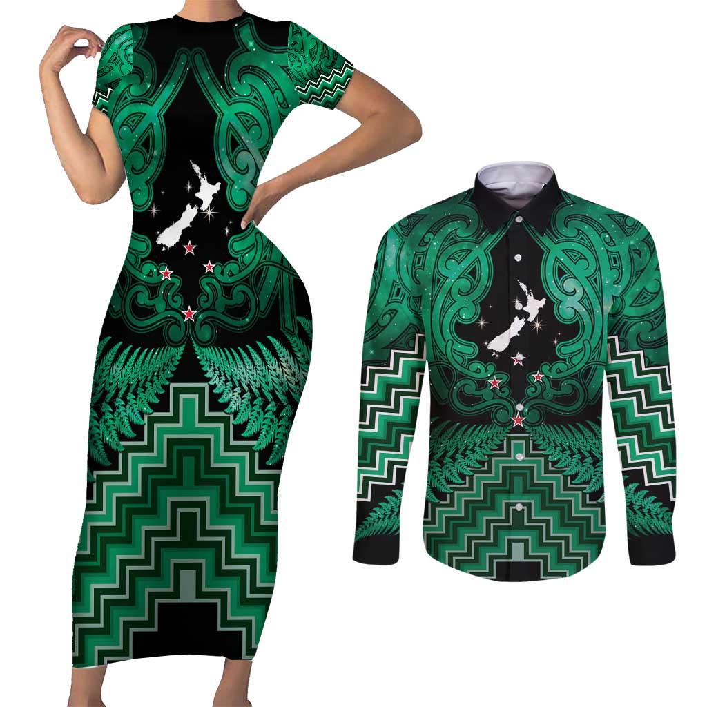 Personalised Aotearoa Matariki Couples Matching Short Sleeve Bodycon Dress and Long Sleeve Button Shirt Green Fern Maori Poutama LT01 Green - Polynesian Pride