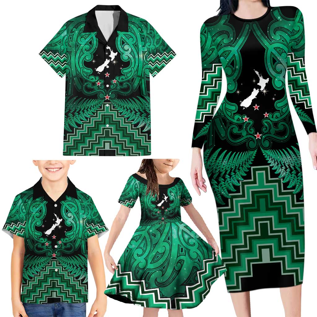 Personalised Aotearoa Matariki Family Matching Long Sleeve Bodycon Dress and Hawaiian Shirt Green Fern Maori Poutama LT01 - Polynesian Pride