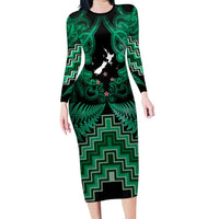 Personalised Aotearoa Matariki Family Matching Long Sleeve Bodycon Dress and Hawaiian Shirt Green Fern Maori Poutama LT01 Mom's Dress Green - Polynesian Pride