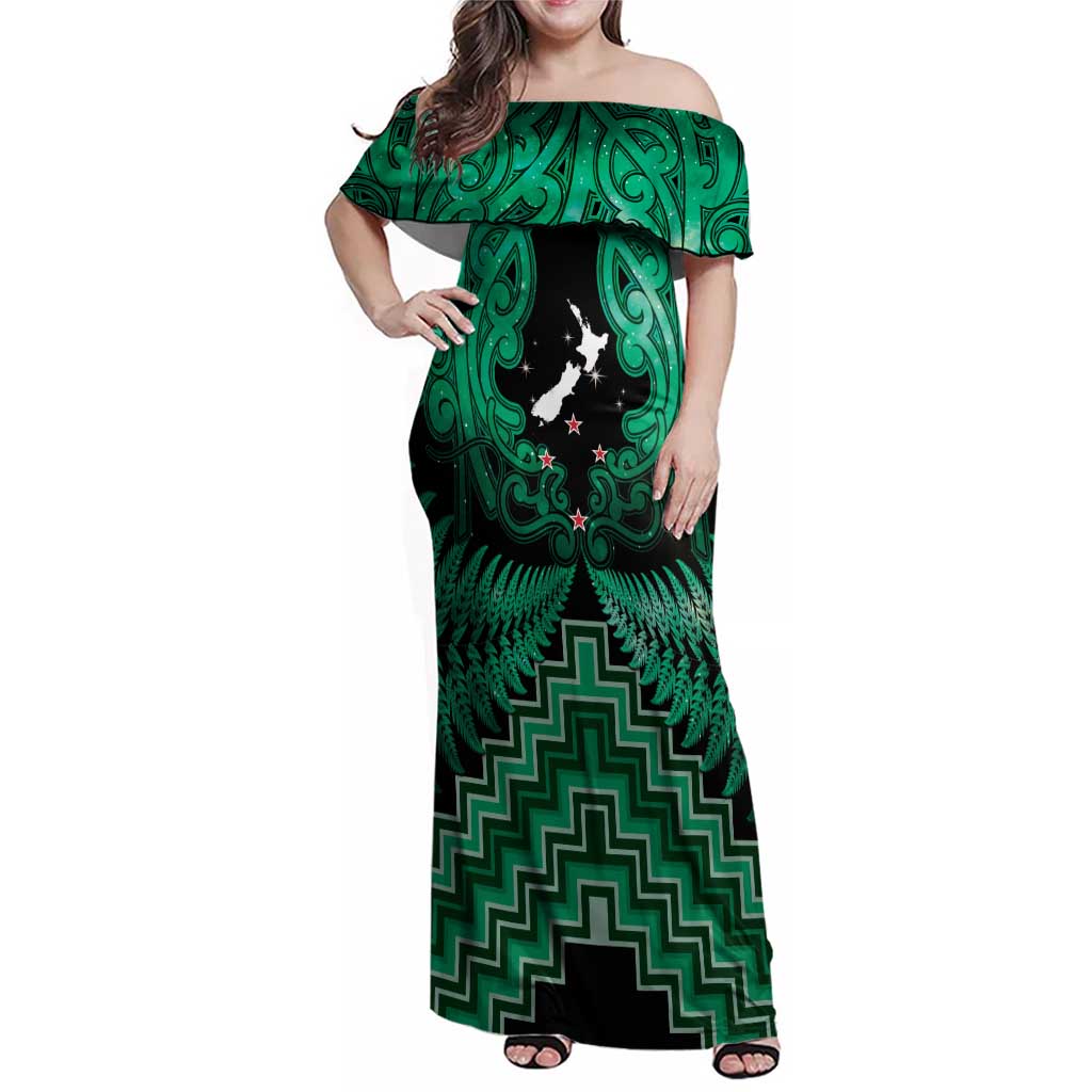 Personalised Aotearoa Matariki Family Matching Off Shoulder Maxi Dress and Hawaiian Shirt Green Fern Maori Poutama LT01 Mom's Dress Green - Polynesian Pride