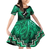 Personalised Aotearoa Matariki Family Matching Off Shoulder Short Dress and Hawaiian Shirt Green Fern Maori Poutama LT01 Daughter's Dress Green - Polynesian Pride