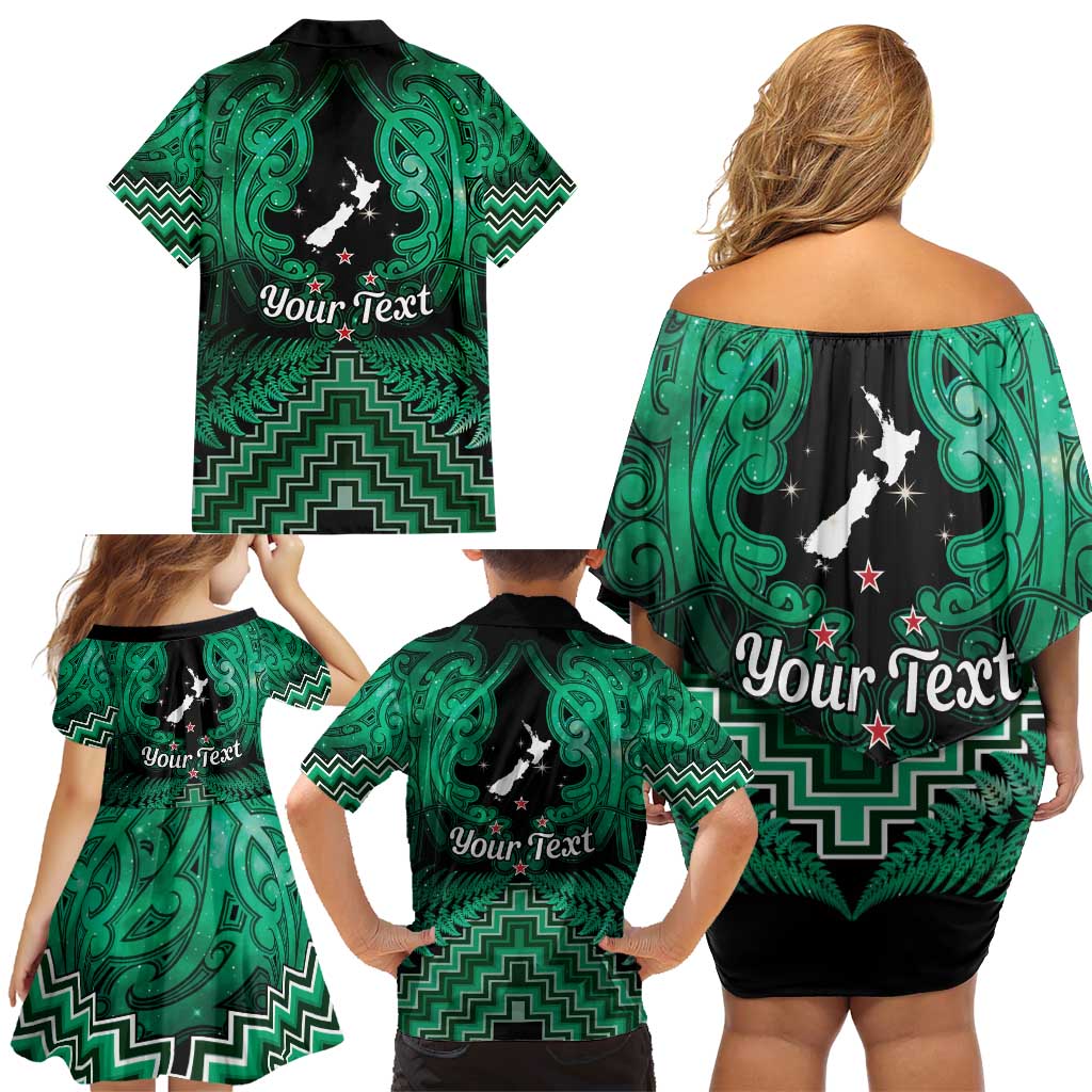 Personalised Aotearoa Matariki Family Matching Off Shoulder Short Dress and Hawaiian Shirt Green Fern Maori Poutama LT01 - Polynesian Pride