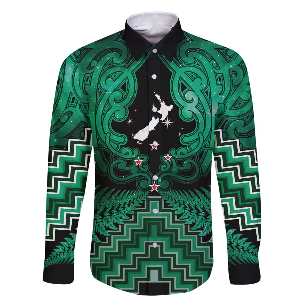 Personalised Aotearoa Matariki Family Matching Off Shoulder Short Dress and Hawaiian Shirt Green Fern Maori Poutama LT01 Dad's Shirt - Long Sleeve Green - Polynesian Pride