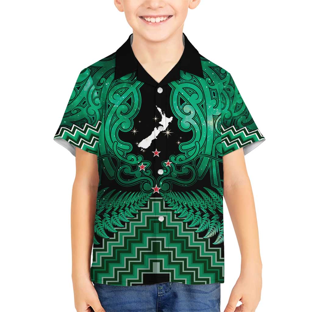 Personalised Aotearoa Matariki Family Matching Off Shoulder Short Dress and Hawaiian Shirt Green Fern Maori Poutama LT01 Son's Shirt Green - Polynesian Pride