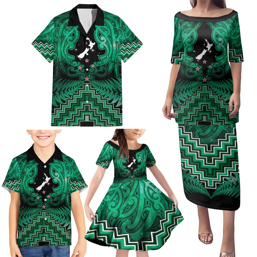 Personalised Aotearoa Matariki Family Matching Puletasi and Hawaiian Shirt Green Fern Maori Poutama LT01 - Polynesian Pride