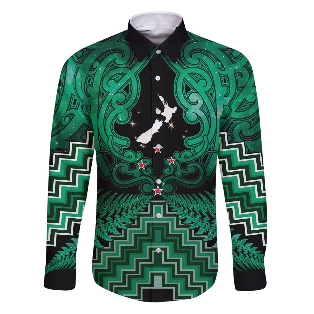 Personalised Aotearoa Matariki Family Matching Puletasi and Hawaiian Shirt Green Fern Maori Poutama LT01 Dad's Shirt - Long Sleeve Green - Polynesian Pride