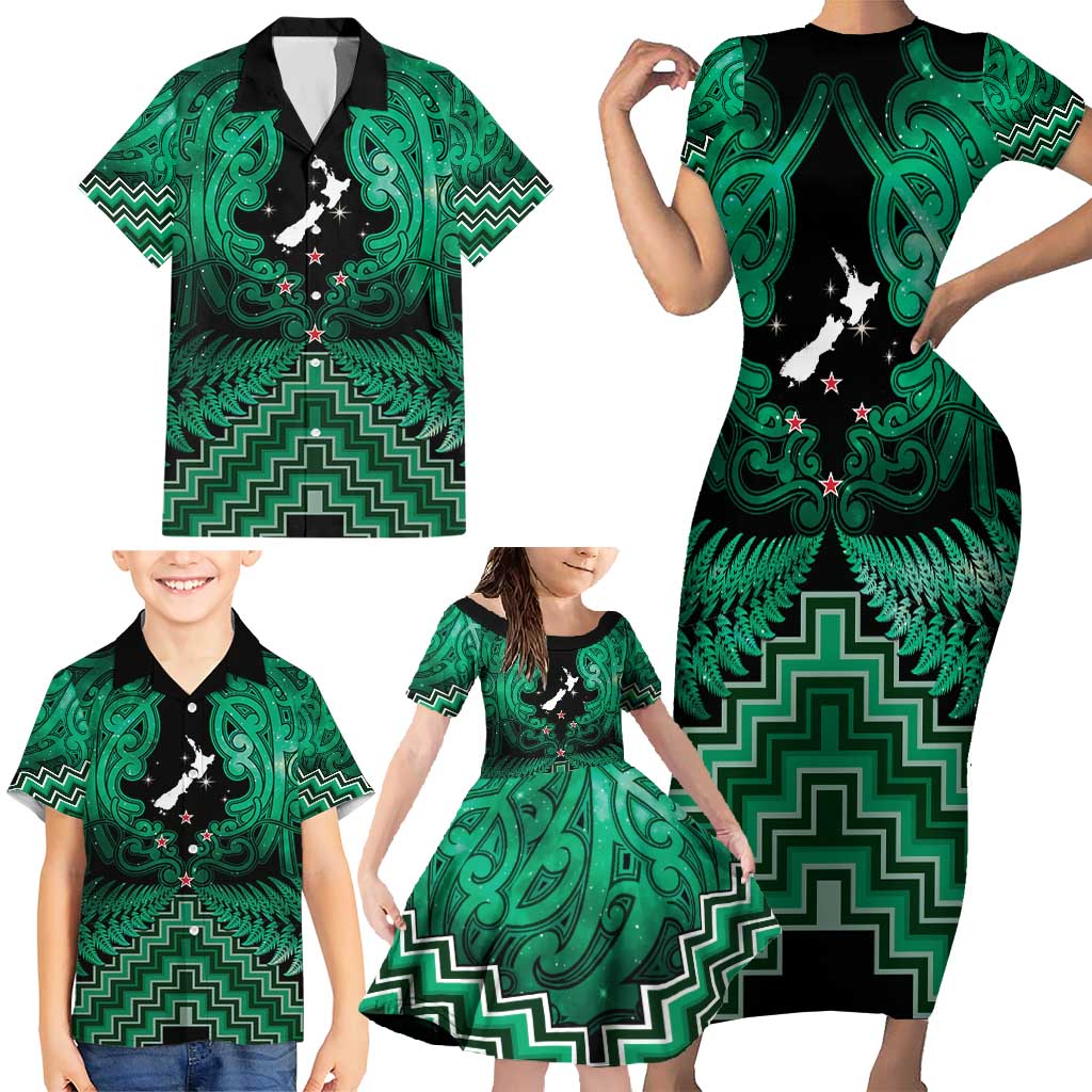 Personalised Aotearoa Matariki Family Matching Short Sleeve Bodycon Dress and Hawaiian Shirt Green Fern Maori Poutama LT01 - Polynesian Pride