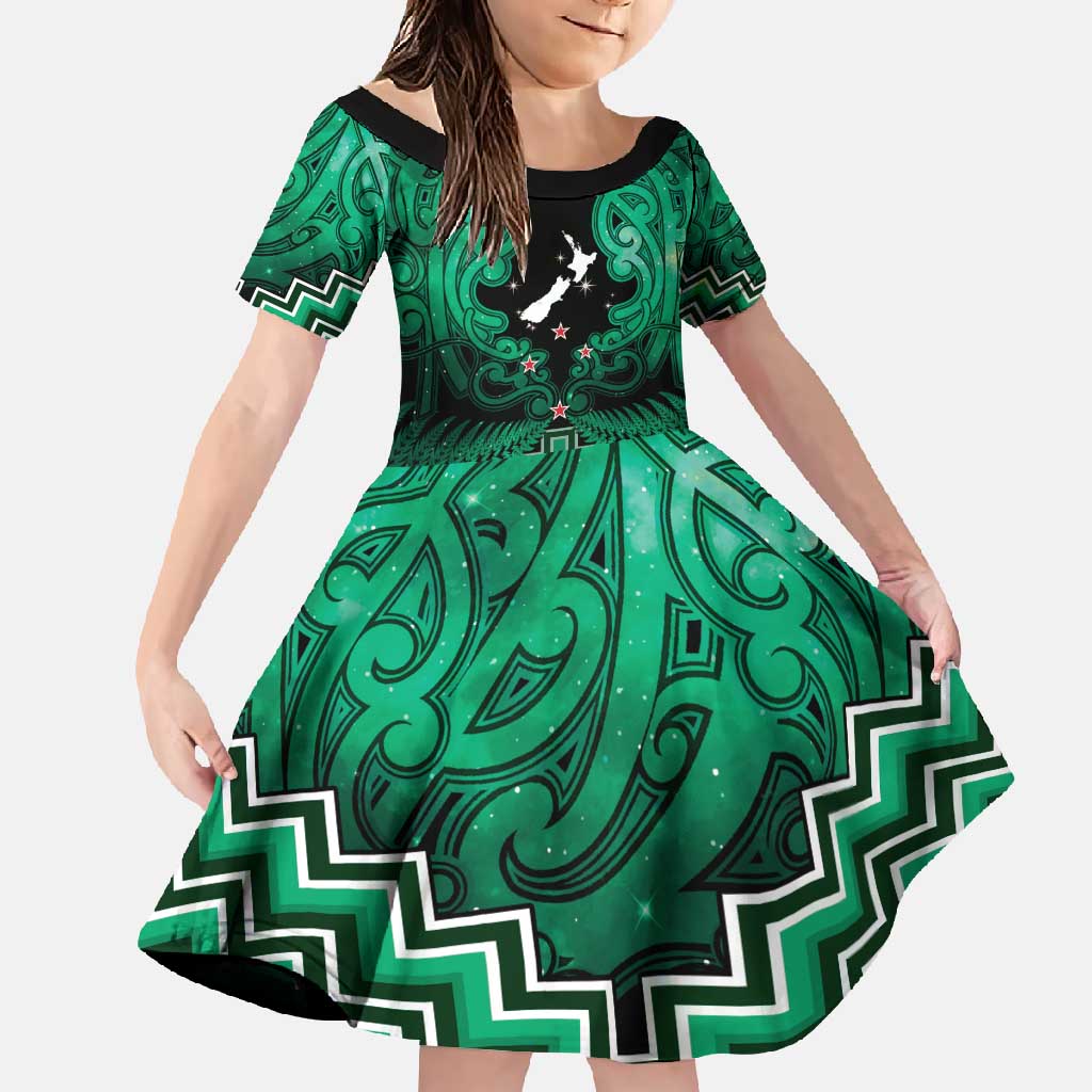 Personalised Aotearoa Matariki Family Matching Summer Maxi Dress and Hawaiian Shirt Green Fern Maori Poutama LT01 Daughter's Dress Green - Polynesian Pride