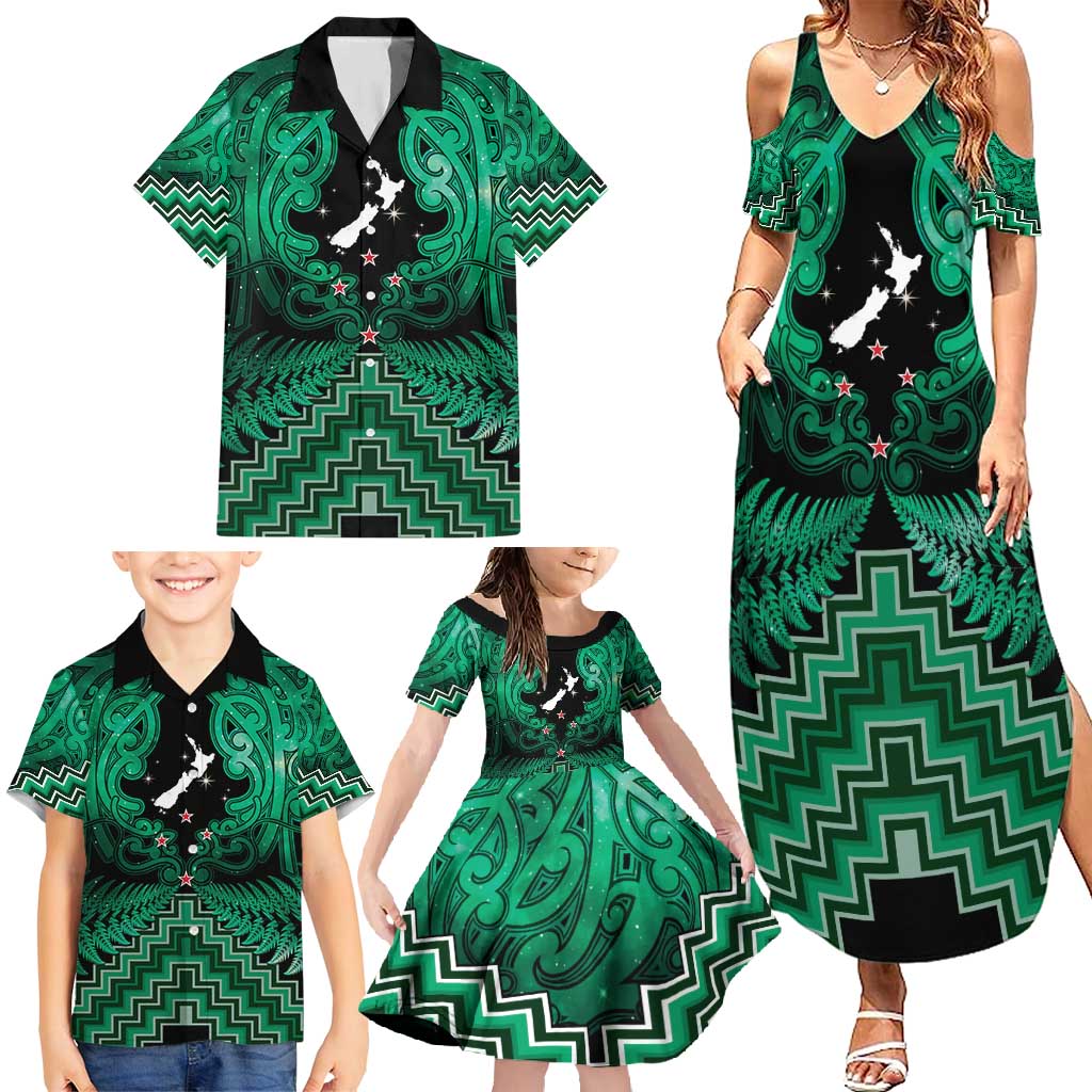 Personalised Aotearoa Matariki Family Matching Summer Maxi Dress and Hawaiian Shirt Green Fern Maori Poutama LT01 - Polynesian Pride