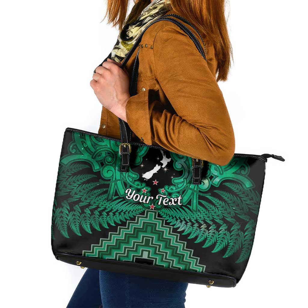 Personalised Aotearoa Matariki Leather Tote Bag Green Fern Maori Poutama